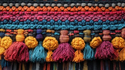 Obraz premium Colorful woven textile with intricate patterns and tassels.