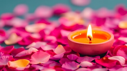 A Warm Glowing Diya Surrounded by Vibrant Rose Petals for Festive Celebration and Serenity. Festival of Lights Concept