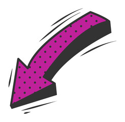 Cartoon pink curved arrow with dotted pattern and black outline