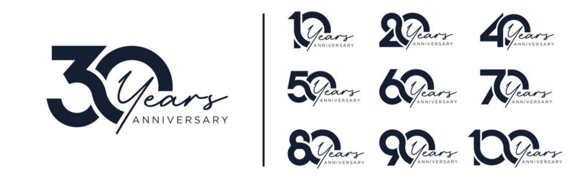 collection anniversary 10 to 100 year logo designs. abstract number for celebration event, wedding, greeting card, and invitation, vector illustration