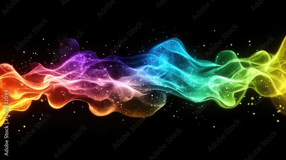 Poster digital particles forming a colorful abstract wave, capturing the flow of modern energy and creativi