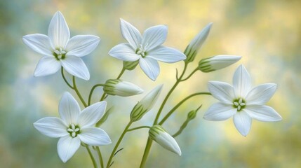 Delicate white star-shaped flowers in soft focus, set against a serene, blurred background, evoking a sense of calm and tranquility.