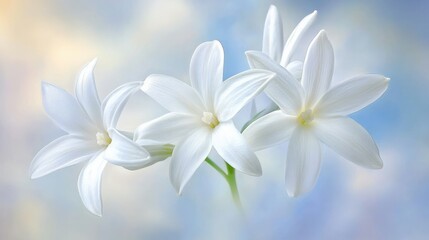 Fototapeta premium Delicate white star-shaped flowers in soft focus, set against a serene, blurred background, evoking a sense of calm and tranquility.