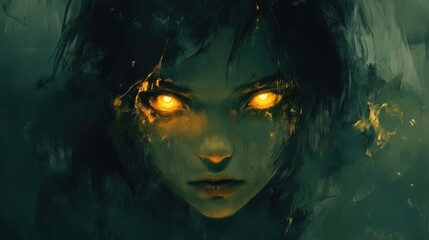 A conceptually dark and rough digital painting of a young girl with glowing eyes