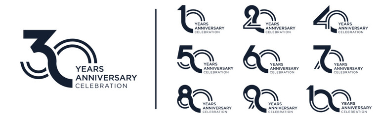 collection anniversary 10 to 100 year logo designs. abstract number for celebration event, wedding, greeting card, and invitation, vector illustration