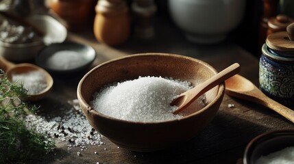 Rustic Bowl of Sea Salt on Wooden Table