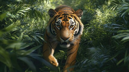 A Shot of a Bengal Tiger Prowling Through a Lush Jungle Environment