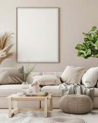 Minimalist living room interior design with a blank frame. a sofa. a coffee table. a plant. and an ottoman