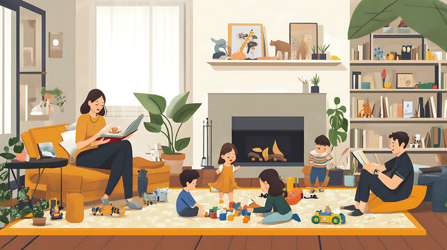 Parents and children relaxing in a living room, with the parents reading while the kids play with toys on the carpet, showcasing the balance of relaxation and activity in a family-oriented lifestyle 