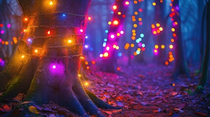 Enchanted woodland with glowing roots and swirling colorful lights, casting an ethereal glow in a magical forest setting. --chaos 20 --ar 16:9 --v 6.1 Job ID: 99b6aede-55d7-49f7-b30c-d7e0c999b518