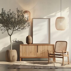 A minimalist living room with a wooden cabinet. a chair. a potted olive tree. and two pendant lights The white wall has a large blank frame for artwork or a photo