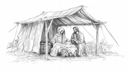 Drawing of Nelech swaddling baby Jesus in a rustic manger with Mary, Joseph, and an observer in a humble setting at the time of Christ's birth