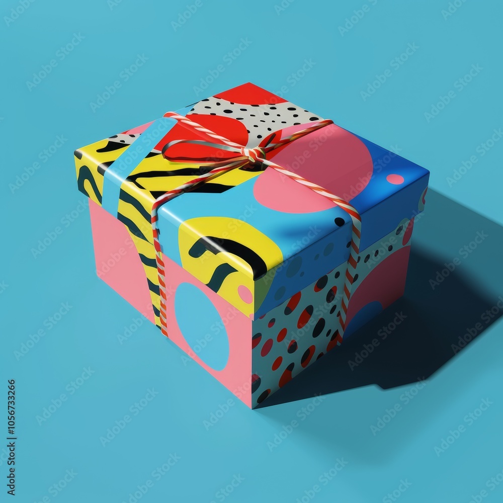 Poster conceptual representation of a gift box with bold patterns.
