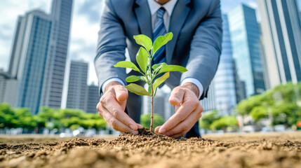 A businessman plants a young tree in a city park, promoting environmental stewardship amidst urban development and greenery