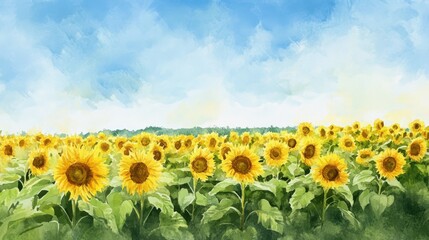 A field of sunflowers painted in a bold watercolor style,