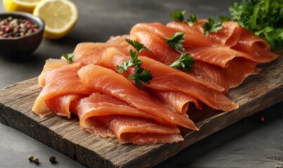 Slices of Traditional Norwegian Smoked Salmon with Parsley and Lemon on Rustic Wooden Chopping Board