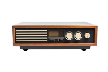 Obraz premium Vintage wooden radio with black face, gold accents, and two round knobs, isolated on transparent or white background