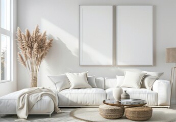 A minimalist living room with a white sofa. a coffee table with two woven stools. and a vase of dried pampas grass Two blank frames hang on the wall. perfect for adding your own design