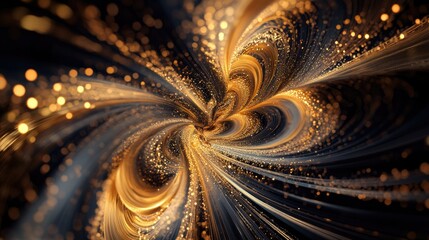 Golden particles twinkle like stars against a dark backdrop, creating an enchanting atmosphere of opulence and allure that captivates the imagination.