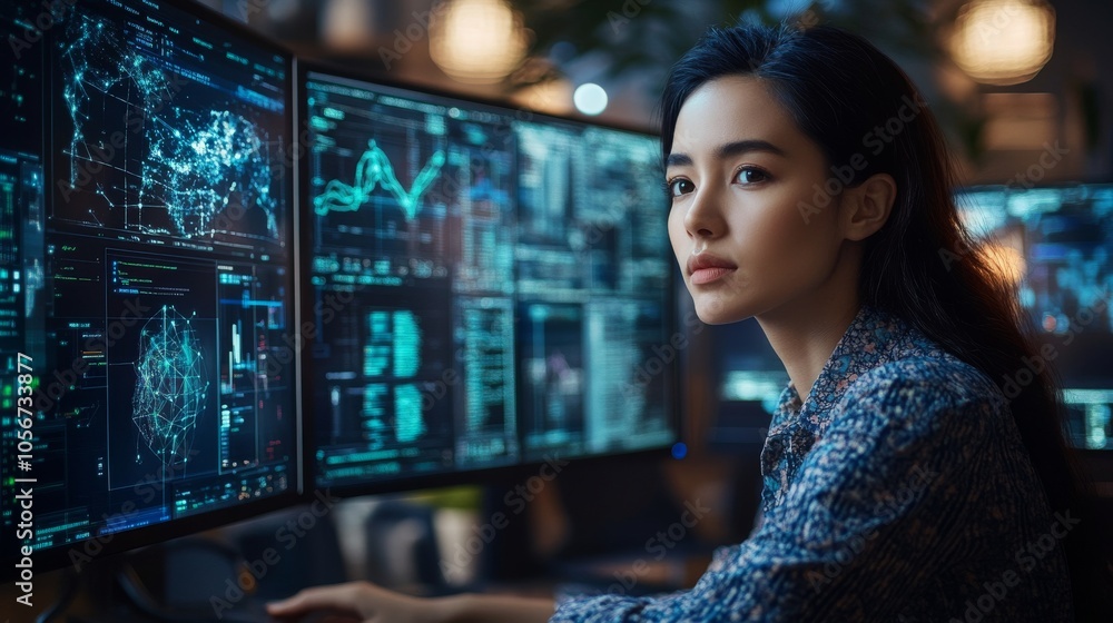 Poster woman looking away from computer screens with data visualizations