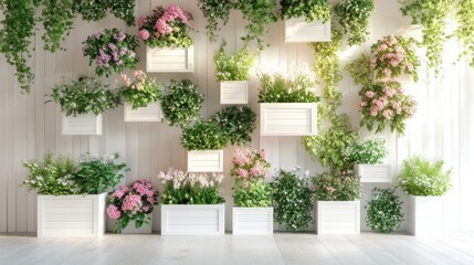 A front-facing view of a wall adorned with white wooden boxes brimming