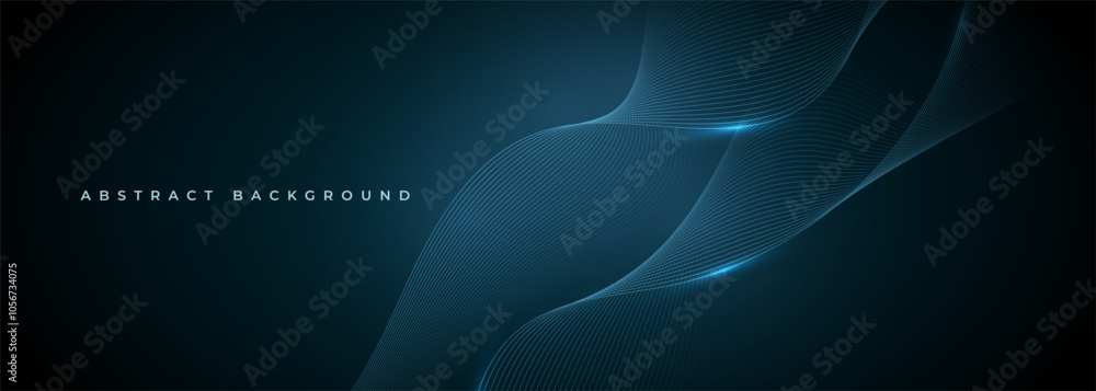 Aufkleber Glowing blue wavy lines on abstract technology dark blue background. Digital hi-tech vector illustration with particle data waves. Futuristic digital technology wide banner.