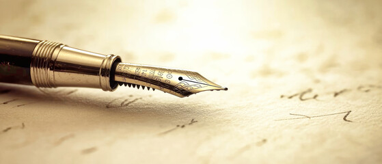 A fountain pen gracefully writes on textured paper captured in high-definition macro photography with a rustic sepia tone