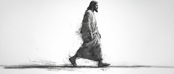 Fototapeta premium Hand-drawn illustration of Jesus walking on a white background, showcasing a full-length portrait in a realistic and detailed style