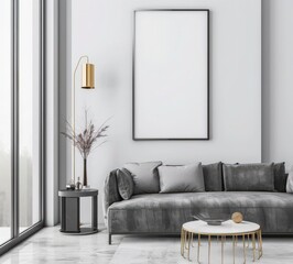 Modern living room interior with a gray sofa. a coffee table. a floor lamp. and a large empty frame on the wall
