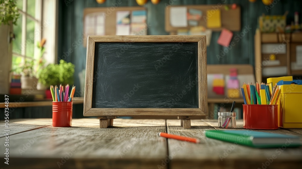 Poster empty chalkboard with wooden frame on wooden table with colorful pencils and notebook