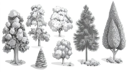 Fototapeta premium Monochrome vector illustrations of coniferous trees, showcasing a variety of shapes and sizes. These elegant designs highlight the unique characteristics of evergreens,