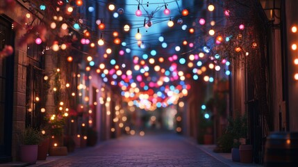 Cobblestone alleyway illuminated by colorful string lights at night