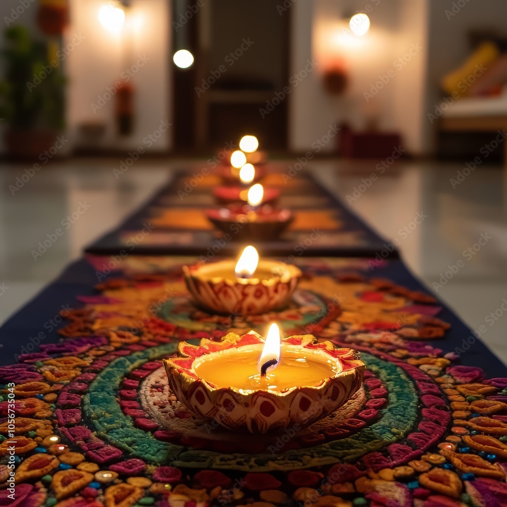 Poster a row of candles are lit on a table with a colorful design. scene is warm and inviting, as the candl