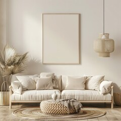 A minimalist living room interior with a white sofa. a round coffee table. a large empty picture frame and a woven pendant lamp