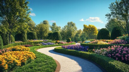 A peaceful garden path meandering through a floral paradise,