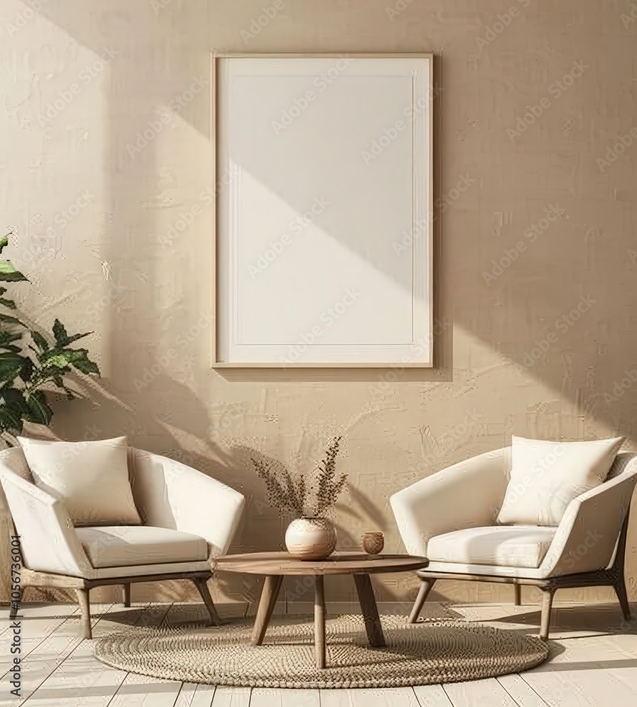 Wall mural minimalist living room interior with two armchairs. a coffee table and a blank poster frame