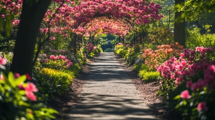 A picturesque garden trail lined with vibrant blossoms