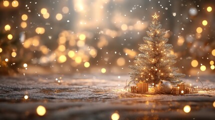 Naklejka premium Decorated Christmas Tree with Lights, Snow, and Gifts