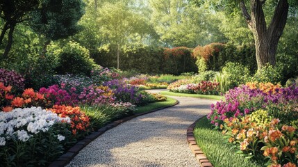 A picturesque garden path adorned with seasonal flowers,