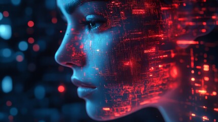 A Close-Up of a Woman's Face Covered in Red Circuitry