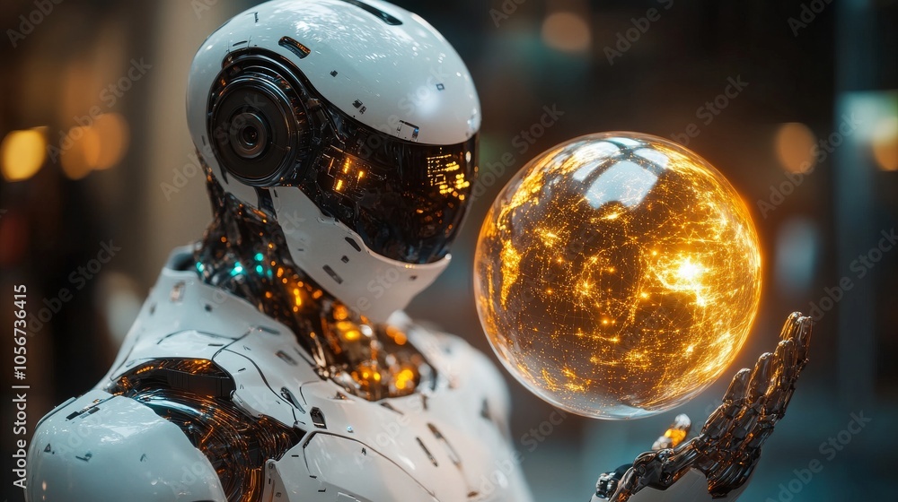 Poster a futuristic android robot holding a glowing orb representing a connected world.