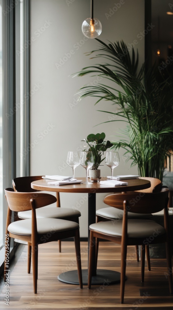Poster a table with four chairs and a potted plant in front of it. the table is set with wine glasses and a