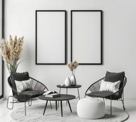Minimalist living room interior with two black framed posters. two black chairs. a white ottoman. and a round coffee table. featuring dried pampas grass