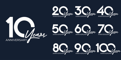 collection anniversary 10 to 100 year logo designs. abstract number for celebration event, wedding, greeting card, and invitation, vector illustration