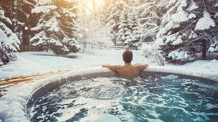 A woman bathes in a wooden tub in winter. 