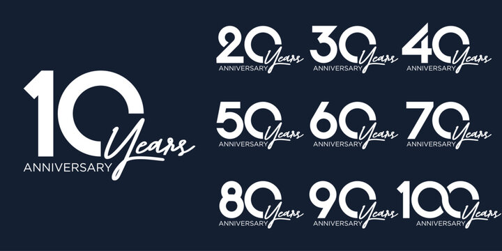 collection anniversary 10 to 100 year logo designs. abstract number for celebration event, wedding, greeting card, and invitation, vector illustration