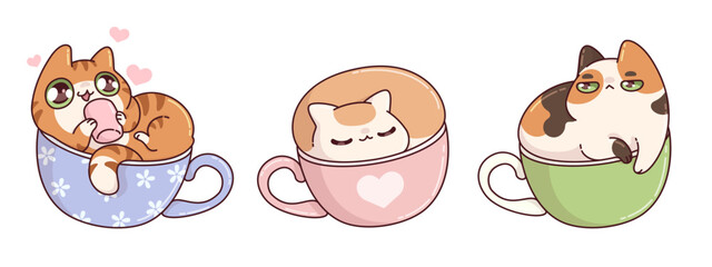 Cute cat in coffee cup cartoon illustration. Funny kitty print design for cafe on Valentine. Adorable and kawaii animal love tea mug in morning. Happy pet smile face with heart isolated japanese draw
