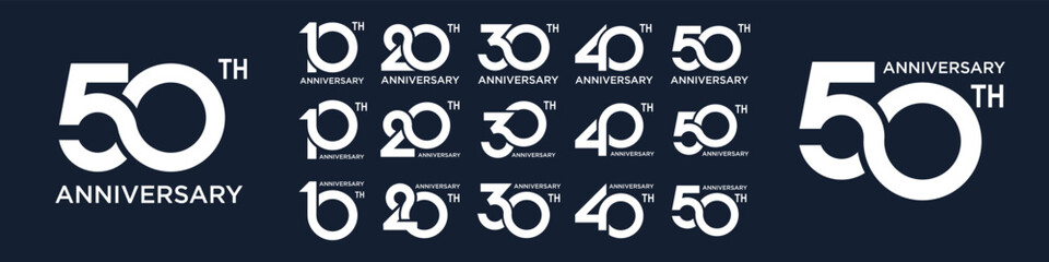 collection anniversary 10 to 50 year logo designs. abstract number for celebration event, wedding, greeting card, and invitation, vector illustration