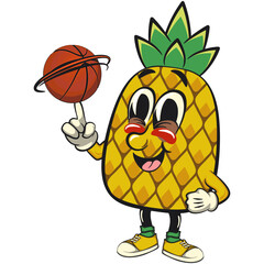 Cute and happy fun pineapple isolated vector cartoon mascot character spin the basketball with the index finger, work of hand drawn