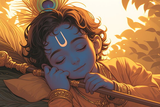 Happy Krishna Janmashtami, Baby Krishna with Lord Krishna with peacock feather and flute	